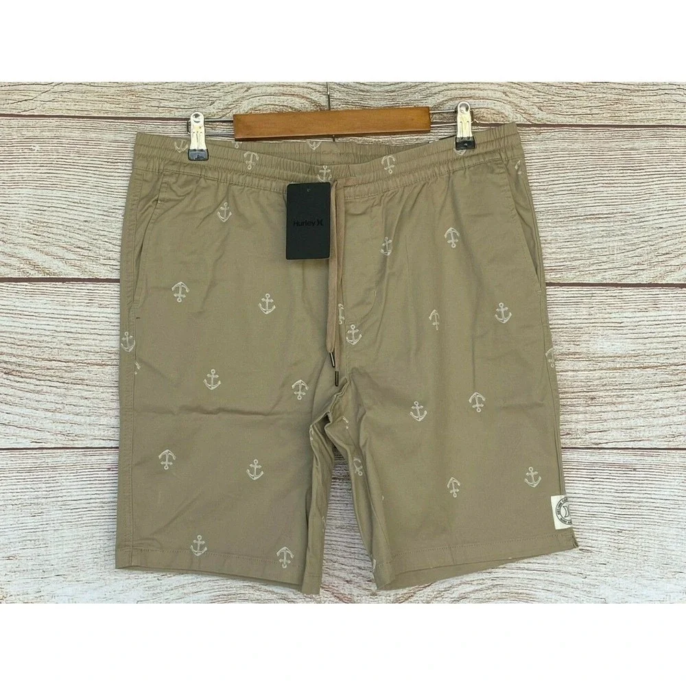 Hurley Twill Shorts Mens Large Island Fossil Anchor Elastic Waist Shorts New
